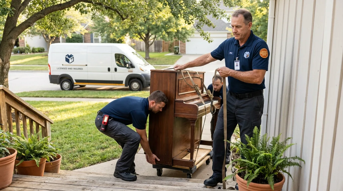 Licensed piano movers securing grand piano in Richfield, OH