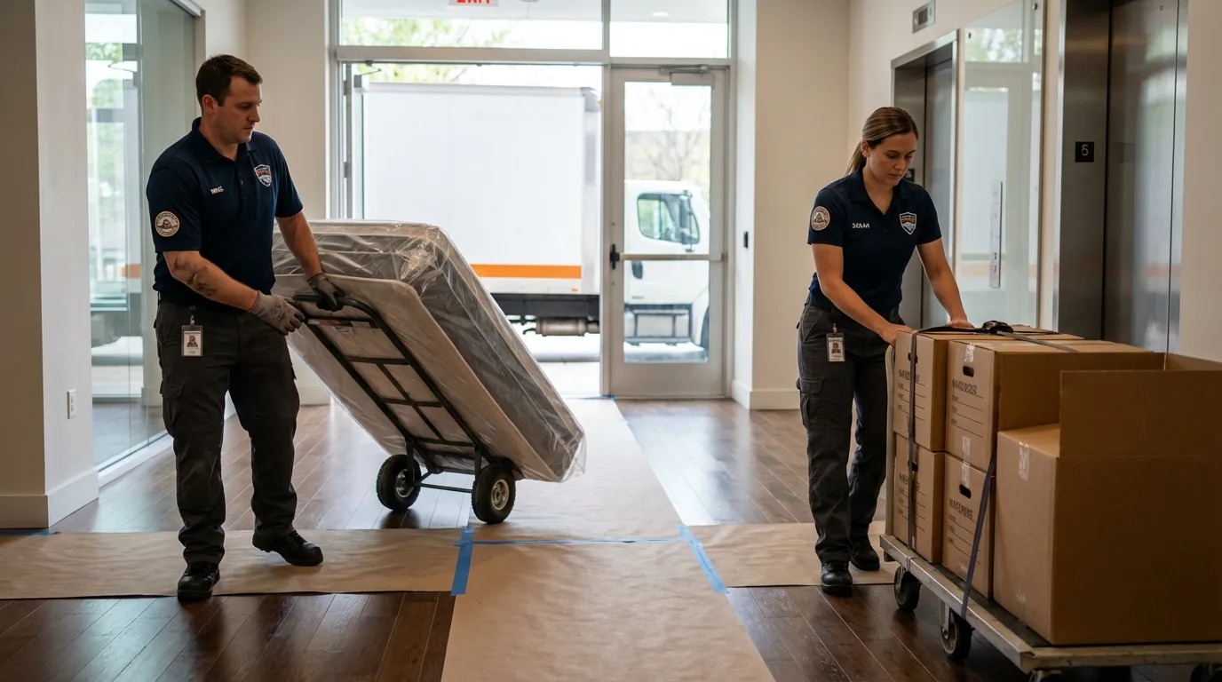 Professional apartment movers loading elevator in Richfield, OH